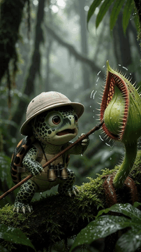 AI generated video: Single continuous dynamic macro tracking shot, jungle wildlife exploration to…