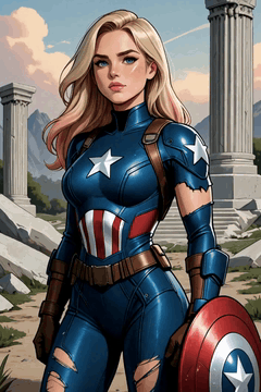 AI generated video: Captain America stands in front of a crumbling monument, shield strapped to his…