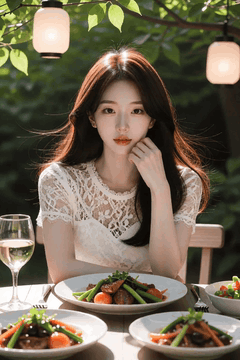 AI generated video: A woman with long hair is sitting at an outdoor dining table,, Hair blows in…