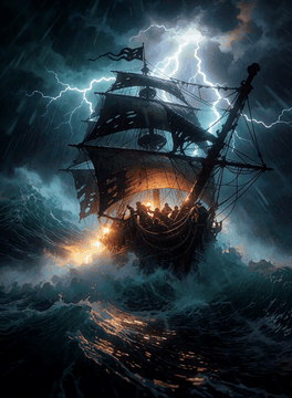 AI generated video: A low-angle tracking shot pushes in on a three-masted galleon battling a…
