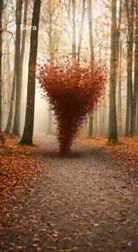 AI generated video: 秋の風景 大きく動くカメラワーク 大きな竜巻により枯葉が集まる 枯葉が段々シカの様な形になり 最後に神秘的なシカの姿になる
