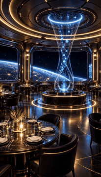 AI generated video: scifi_v1, cinematic science-fiction scene. An elegant dining lounge aboard a…