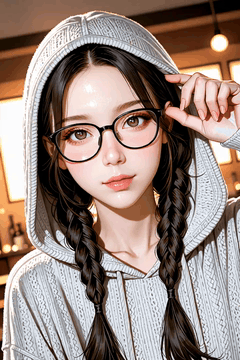 AI generated video: A charming anime girl with flowing black hair and glasses slowly blinks her…