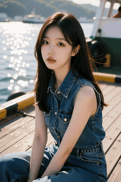 AI generated video: A young woman in a jeans dress is sitting on the pier, Her long hair flutters…