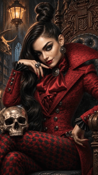 AI generated video: Cinematic medium shot. The gothic noblewoman seated on the carved wooden throne…