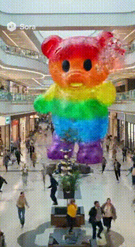 AI generated video: A giant rainbow gummy bear is running through the mall smashing everything…