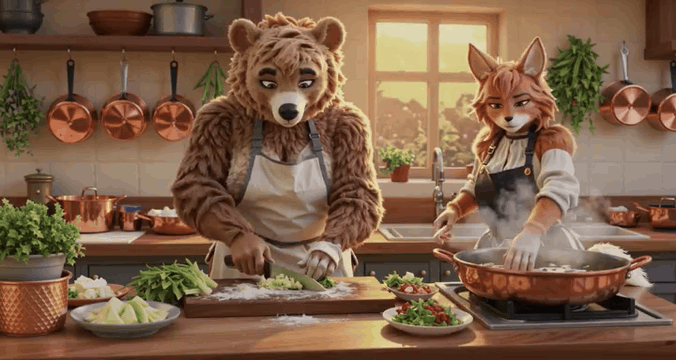AI generated video: A large bear in a flour-dusted apron chops vegetables rapidly on a wooden…