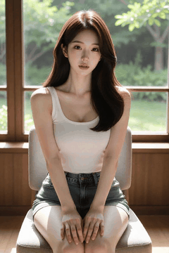 AI generated video: A long brown haired woman is sitting in a chair, Her hair shakes lightly in the…