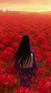 AI generated video: 2D手描きアニメーション。言語は日本語。カット割り多め。着物(和服)。黒髪ロング。赤い目。彼岸花畑。幻想的。ノスタルジック。