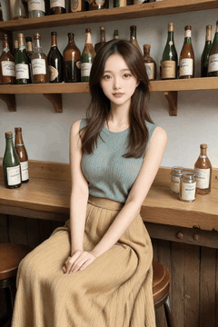 AI生成视频：A young woman is sitting on a bar chair,, the gentle breeze waving her long…