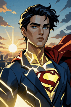 AI generated video: Superman hovers over Metropolis at sunrise, red cape flowing behind him, strong…