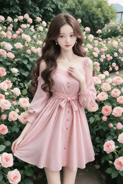 AI generated video: A woman in a pink dress slightly lifting the hem, Hair swaying in the wind in a…