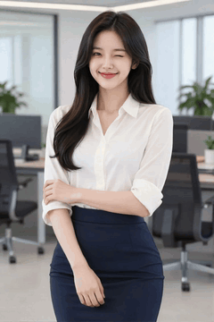 AI generated video: office blinks and winks, Her long hair swayed in the wind, and the woman in…