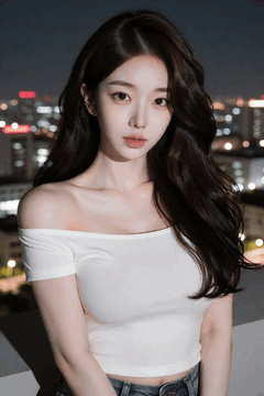 AI generated video: A young woman stands on a rooftop at night and the city lights in the…