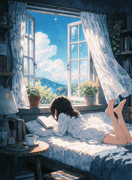 AI generated video: A young woman with dark hair lies on her stomach on a rumpled white bed…
