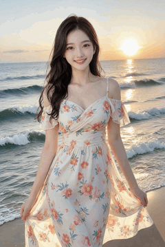 AI generated video: A woman wearing a floral dress walks slowly on the beach with her hair and…