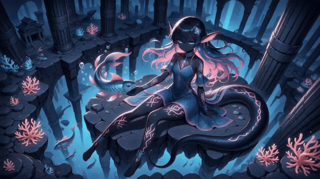 AI generated video: Create a video where a tailed woman sits gracefully on a floating rock gently…