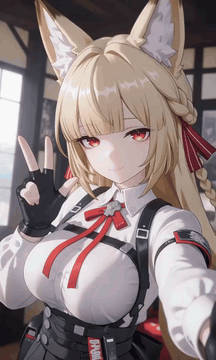 AI generated video: A girl with fox ears raises her arm to take a selfie, making a V-sign; her fox…