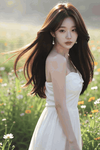 AI generated video: A woman in a white dress is standing in a field, her long hair is blowing in…