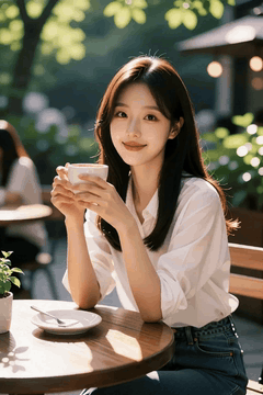 AI generated video: A young woman is holding a coffee cup at an outdoor cafe and smiling, The sun…