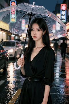AI generated video: A woman in a black dress is standing on the side of the road holding a…