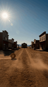 AI generated video: Wide symmetrical low-angle shot down an empty, deserted frontier main street…