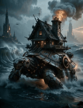 AI generated video: Cinematic wide shot, a colossal mechanical turtle with intricate rusty metal…