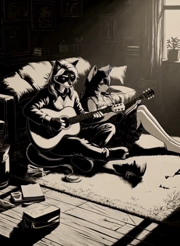 AI生成视频：da0klfe, black and white woodcut-style illustration, Black and white. A cozy…