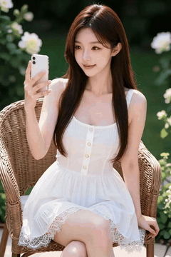 AI generated video: A woman in a white dress takes a selfie in the garden, long hair swaying in the…