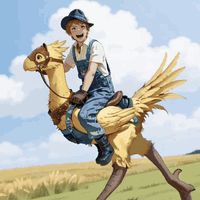 AI generated video: A boy is riding on the back of a yellow chocobo. the boy has a white bandage…
