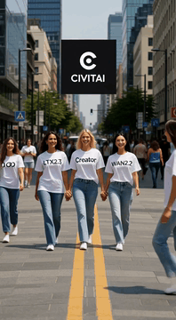 Видео, сгенерированное нейросетью: A hyper-realistic, cinematic wide shot of a bustling, sun-drenched modern…