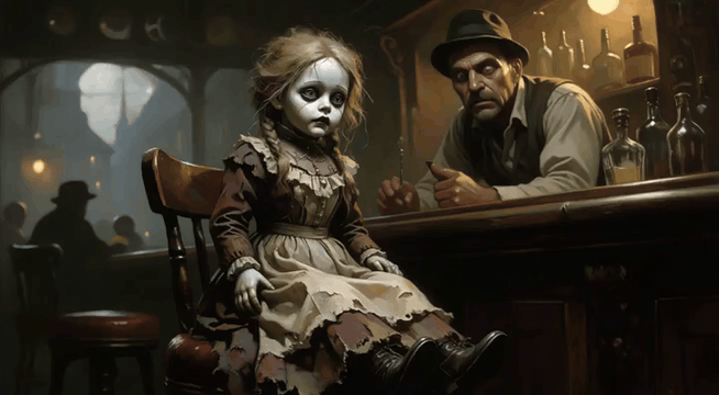 AI generated video: A creepy Victorian porcelain doll of a woman speaks with a gruff, middle-aged…