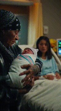 AI generated video: Hospital maternity room. Mexican grandma gangster wearing gang attire with a…