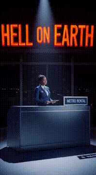 AI generated video: Next song in the musical: same hell on earth sign across the top, but below the…