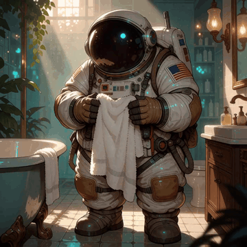 AI generated video: obese astronaut, large bulky white with beige trim spacesuit, round fishbowl…