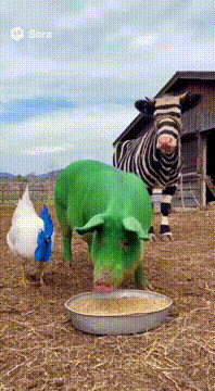 AI generated video: 鶏冠の青い鶏、緑色の豚、シマシマの牛