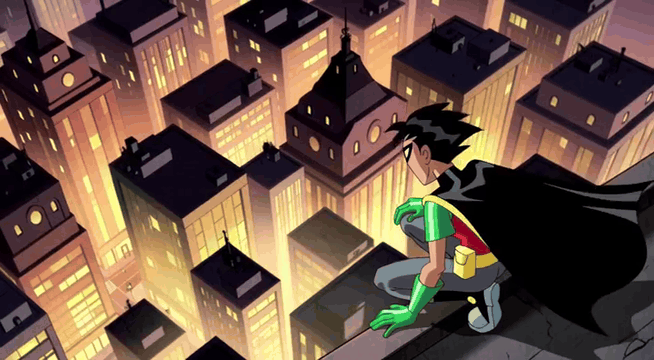 AI generated video: TnC1tr0n, rbn, he crouches on the edge of a tall city building at dusk, black…