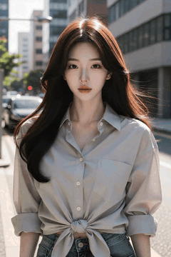 AI generated video: A young woman is walking slowly on a city street, her long hair is blowing in…