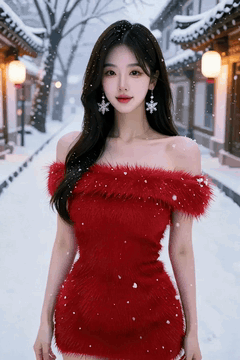 AI generated video: A woman in a red dress is walking slowly in a snowy street, Snowflakes are…