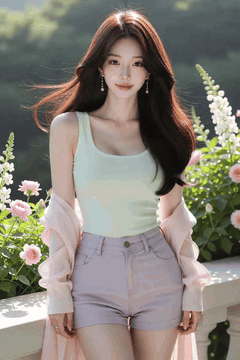 AI generated video: A young woman is standing on a garden railing, her long hair is blowing in the…
