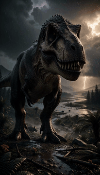 AI generated video: A massive Tyrannosaurus rex slowly advances through the muddy prehistoric…