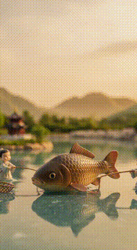 AI generated video: 一群人合力捕鱼，有人那种绳索，有人拿着渔网，切人物近景，面带微笑，一起喊着劳动的号子，再切大鱼近景，大鱼奋力挣扎，但是无法挣脱，最终众人合力捕获这条大鱼，一片喜…
