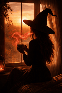 AI generated video: silhouette of a woman with long wavy hair wearing a pointed witch hat, sitting…