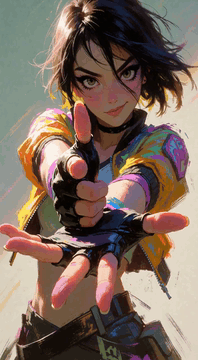 AI generated video: A woman with short black hair and a yellow jacket with pink and blue accents…