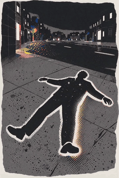 AI generated video: A slow, sneaky upright-bass noir walking line plays. The chalk outline on the…