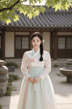 AI generated video: A woman wearing a hanbok stands in a traditional hanok courtyard and smiles…