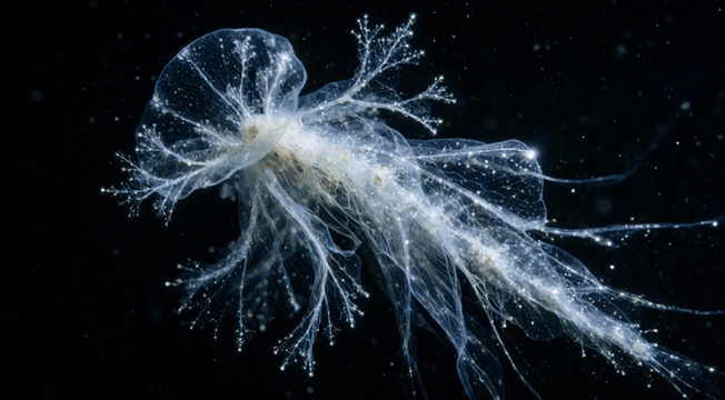AI generated video: 10-second continuous shot. The translucent organism drifts slowly through deep…