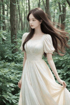 AI generated video: A young woman in the woods is walking slowly and, her long hair and the hem of…