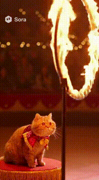 AI generated video: 真实的橘猫眼表演杂技，钻火圈，上下抛飞刀，骑独轮车，走钢丝，多组镜头，在马戏团