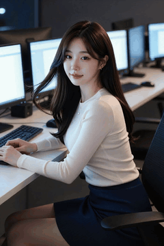 AI generated video: A woman in the office is typing on a keyboard, Her hair is slightly swaying in…